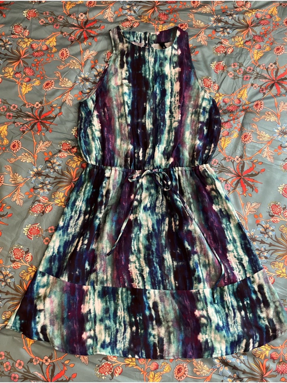 Sleeveless Tie-Waist Abstract Print Dress - Blue, Teal & Purple